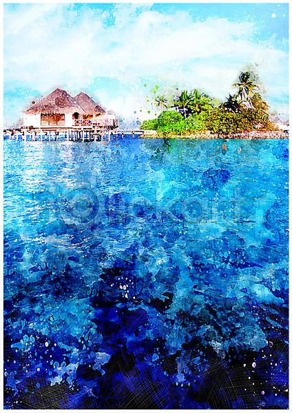 감성 사람없음 PSD 일러스트 나무 리조트 바다 백그라운드 수상가옥 수채화(물감) 야자수 풍경(경치) 휴양지