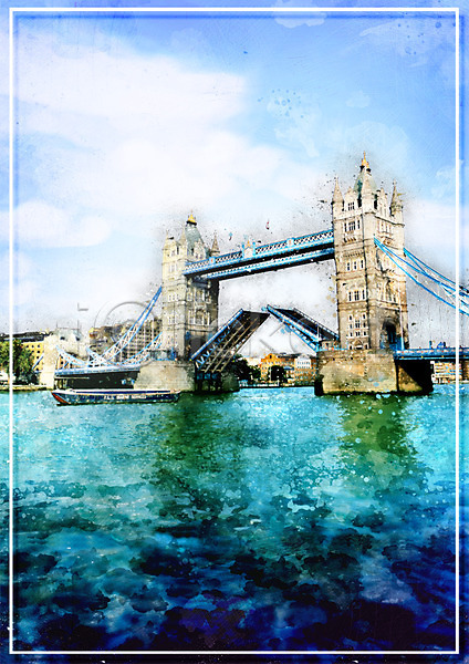 감성 사람없음 PSD 일러스트 강 건축물 다리(건축물) 런던 백그라운드 수채화(물감) 유럽 타워브릿지 풍경(경치) 하늘