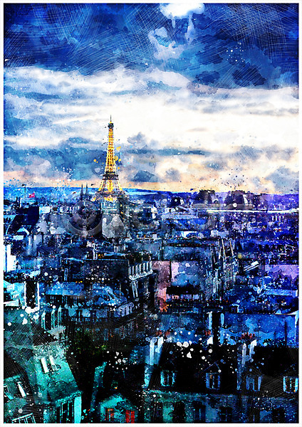 감성 사람없음 PSD 일러스트 건물 백그라운드 수채화(물감) 야경 에펠탑 파리(프랑스) 풍경(경치) 프랑스