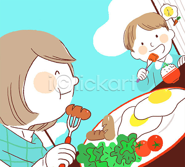 남자 두명 어린이 어린이만 여자 PSD 일러스트 계란프라이 구름(자연) 급식 밥 상반신 소시지 식사 앉기 음식 토마토 하늘