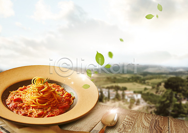 사람없음 PSD 편집이미지 구름(자연) 나뭇잎 면류 숟가락 스파게티 음식 이탈리아음식 접시 편집 하늘