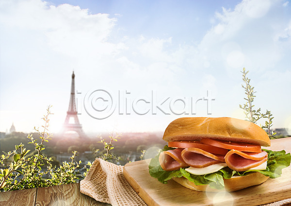 사람없음 PSD 편집이미지 구름(자연) 빵 상추 샌드위치 에펠탑 천(직물) 토마토 편집 프랑스음식 하늘 햄