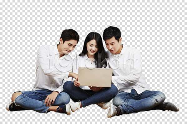 우정 청춘(젊음) 20대 남자 성인 성인만 세명 여자 한국인 PNG 앞모습 편집이미지 노트북 대학생 미소(표정) 앉기 전신 친구 편집소스