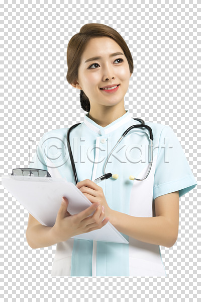 20대 성인 성인여자한명만 여자 한국인 한명 PNG 앞모습 편집이미지 간호사 들기 미소(표정) 상반신 서기 서류판 응시 의학 청진기 편집소스
