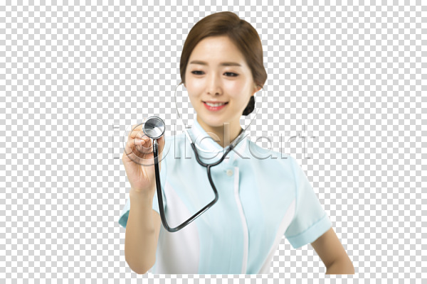 20대 성인 성인여자한명만 여자 한국인 한명 PNG 앞모습 편집이미지 간호사 미소(표정) 상반신 서기 의학 청진기 편집소스