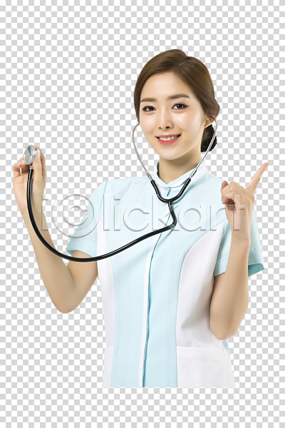 20대 성인 성인여자한명만 여자 한국인 한명 PNG 앞모습 편집이미지 가리킴 간호사 들기 미소(표정) 상반신 서기 손짓 의학 청진기 편집소스