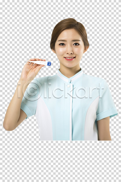 20대 성인 성인여자한명만 여자 한국인 한명 PNG 앞모습 편집이미지 간호사 들기 미소(표정) 상반신 서기 온도계 의학 체온계 편집소스