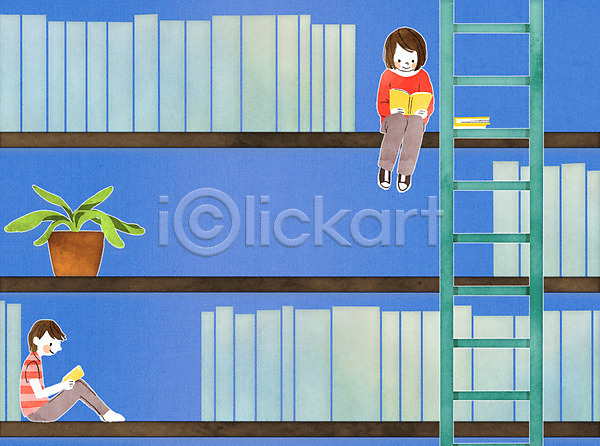 남자 두명 성인 여자 PSD 일러스트 도서관 독서 사다리 식물 앉기 전신 책 책장 화분