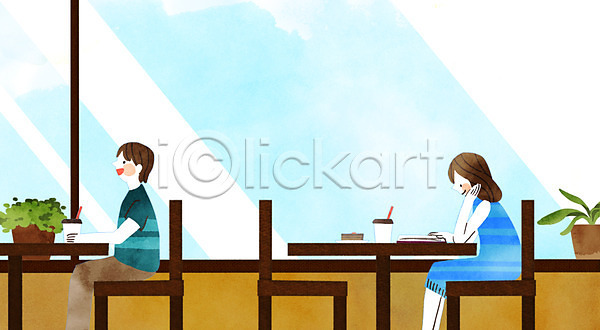 휴식 남자 두명 성인 여자 PSD 일러스트 독서 상반신 식물 앉기 창문 책 취미 카페 커피 탁자