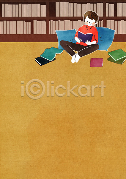 남자 성인 한명 PSD 일러스트 프레임일러스트 독서 서재 앉기 전신 책 책장 쿠션 프레임
