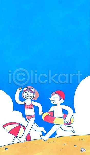 휴식 남자 두명 어린이 여자 PSD 일러스트 구름(자연) 바다 서기 여름(계절) 전신 조개 튜브 파라솔 하늘 해변 휴가