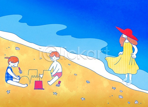 휴식 남자 성인 세명 어린이 여자 PSD 일러스트 모래사장 모래성 바다 서기 앉기 양동이 여름(계절) 전신 조개 파도 해변 휴가