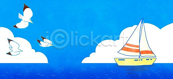 휴식 사람없음 PSD 일러스트 갈매기 구름(자연) 바다 배 여름(계절) 하늘 휴가