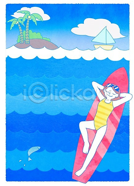 휴식 성인 여자 한명 PSD 일러스트 구름(자연) 눕기 바다 배 서핑보드 선탠 섬 야자수 여름(계절) 전신 하늘 휴가