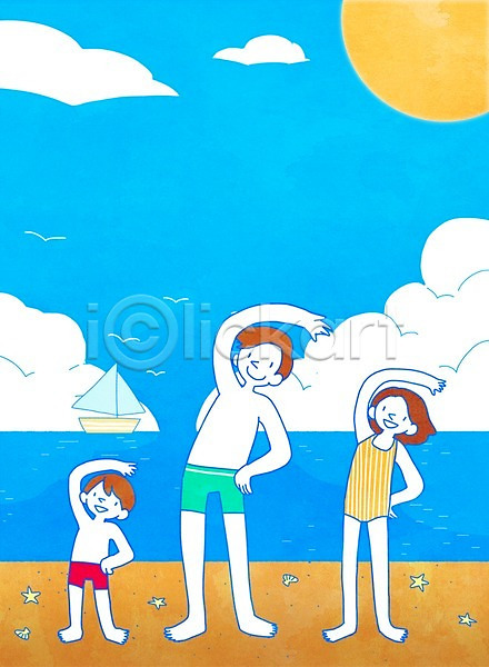 휴식 남자 성인 세명 여자 PSD 일러스트 구름(자연) 바다 배 서기 여름(계절) 전신 체조 태양 하늘 해변 휴가