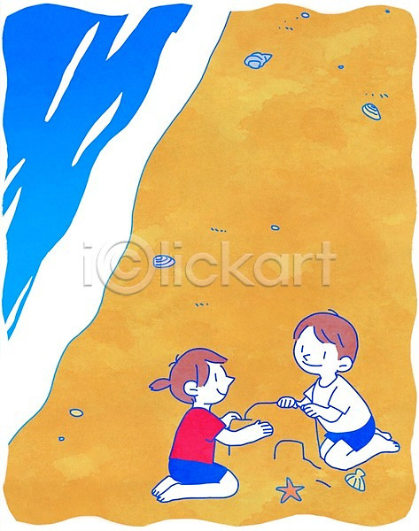휴식 남자 두명 어린이 여자 PSD 일러스트 모래사장 모래성 바다 앉기 여름(계절) 전신 조개 해변 휴가