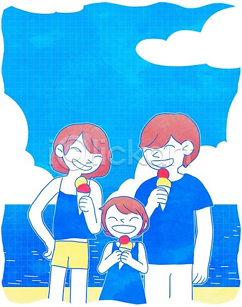 휴식 남자 성인 세명 어린이 여자 PSD 일러스트 가족 구름(자연) 바다 상반신 서기 아이스크림 여름(계절) 하늘 해변 휴가