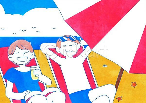 휴식 남자 두명 성인 여자 PSD 일러스트 구름(자연) 바다 상반신 선베드 앉기 여름(계절) 파라솔 하늘 해변 휴가