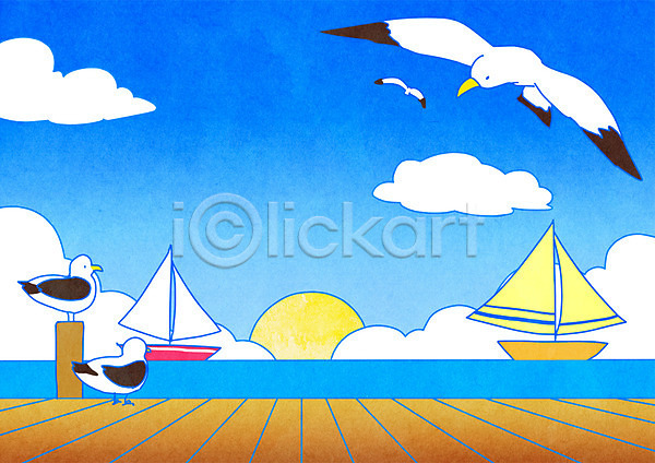 휴식 사람없음 PSD 일러스트 갈매기 구름(자연) 바다 배 여름(계절) 요트 태양 하늘 항구 휴가