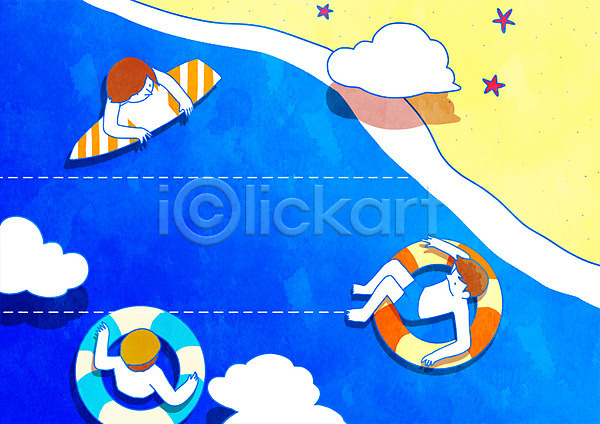 휴식 남자 성인 세명 PSD 일러스트 프레임일러스트 구름(자연) 바다 불가사리 상반신 여름(계절) 전신 튜브 프레임 해변 휴가