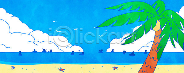 휴식 사람모양 여러명 PSD 실루엣 일러스트 구름(자연) 바다 불가사리 수영 야자수 여름(계절) 와이드컷 하늘 해변 휴가
