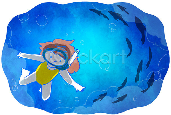 휴식 어린이 여자 한명 PSD 일러스트 물방울 물안경 바다 바닷속 어류 여름(계절) 잠수 잠수경 전신 휴가