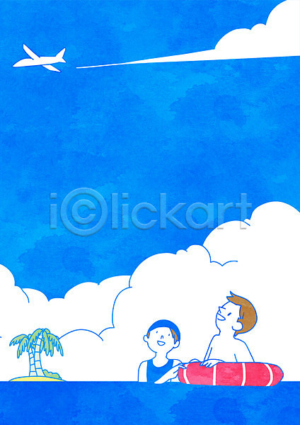 휴식 남자 두명 성인 여자 PSD 일러스트 구름(자연) 바다 비행기 상반신 섬 수영 여름(계절) 튜브 하늘 휴가