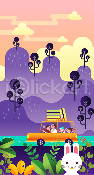 남자 성인 어린이 여러명 여자 AI(파일형식) 일러스트 가방 가족 가족여행 구름(자연) 나무 나뭇잎 산 상반신 앉기 여행 자동차 캐리어 토끼 휴가