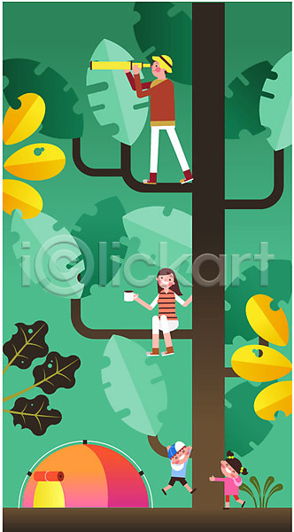 남자 성인 어린이 여러명 여자 AI(파일형식) 일러스트 가족 가족여행 나무 나뭇잎 망원경 서기 앉기 여행 전신 캠핑장 컵 텐트 휴가