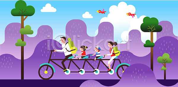 남자 성인 어린이 여러명 여자 AI(파일형식) 일러스트 4인용자전거 가족 가족여행 구름(자연) 나무 산 앉기 여행 자전거 전신 조류 풍경(경치) 하이킹 휴가