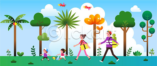 남자 성인 어린이 여러명 여자 AI(파일형식) 일러스트 가족 가족여행 걷기 구름(자연) 나무 서기 여행 전신 조류 하늘 휴가