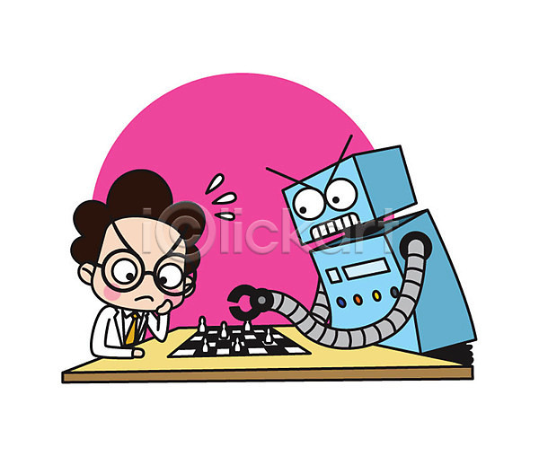 집중 남자 성인 한명 AI(파일형식) 일러스트 과학자 로봇 맞대결 상반신 스티커 앉기 직업캐릭터 체스 캐릭터