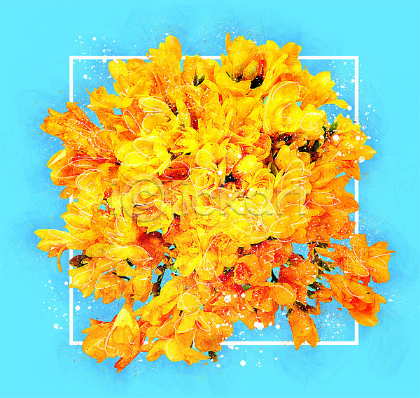 감성 사람없음 PSD 일러스트 꽃 꽃다발 노란색 보테니컬아트 수채화(물감) 프리지어
