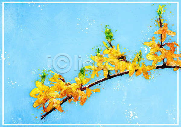 감성 사람없음 PSD 일러스트 개나리 꽃 나뭇가지 보테니컬아트 수채화(물감) 하늘