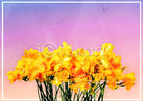 감성 사람없음 PSD 일러스트 꽃 꽃다발 노란색 노을 보테니컬아트 수채화(물감) 파스텔 프리지어