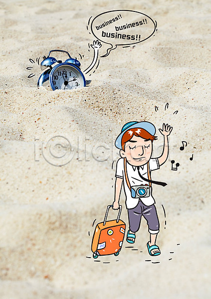 자유 남자 성인 한명 AI(파일형식) 포토일러 말풍선 모래 모래사장 바캉스 비즈니스맨 손인사 안식처 여름(계절) 여름휴가 여행 자명종 카메라 캐리어 해변