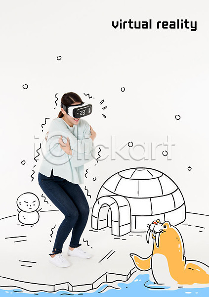 스마트 추위 성인 여자 한국인 한명 AI(파일형식) 포토일러 3D안경 VR기기 가상현실 겨울 남극 눈사람 물개 서기 이글루 전신