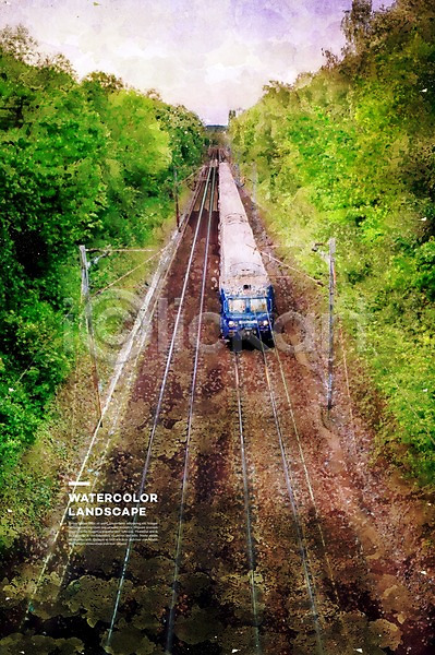 감성 사람없음 PSD 일러스트 기차 기찻길 나무 번짐 수채화(물감) 야외 유럽 주간 철도의날 풍경(경치) 프랑스 해외풍경