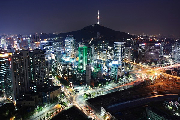 사람없음 JPG 포토 교차로 남산 남산타워 도시 도심 빌딩 야간 야경 야외 자동차 풍경(경치) 한국