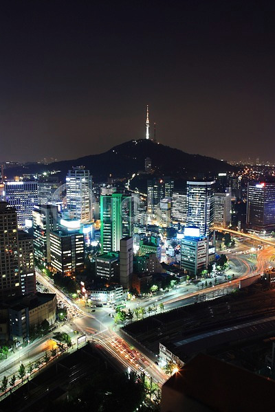 사람없음 JPG 포토 교차로 남산 남산타워 도시 도심 빌딩 야간 야경 야외 자동차 풍경(경치) 하늘 한국