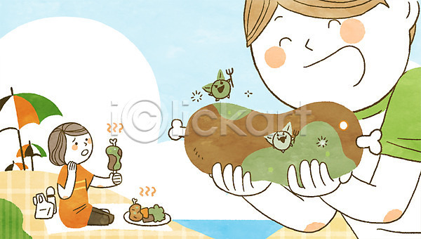 남자 두명 성인 여자 PSD 일러스트 규칙 바다 바캉스 박테리아 상반신 식중독 안전 안전수칙 여름(계절) 여름휴가 육류 음식 파라솔 해변