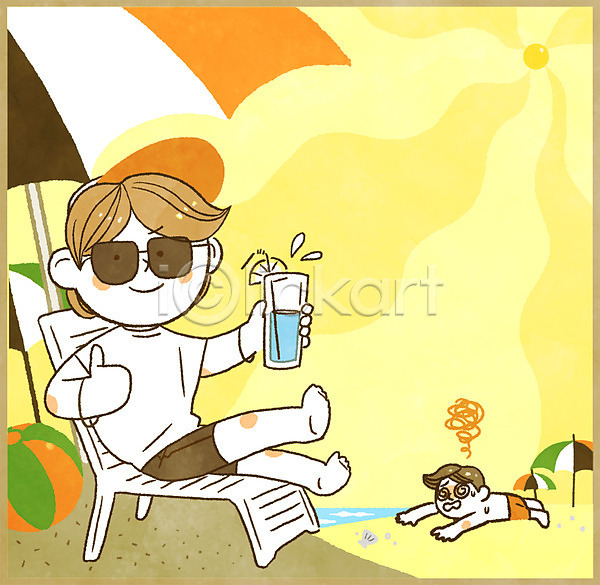 남자 두명 성인 PSD 일러스트 규칙 그늘 더위 바캉스 선글라스 선베드 안전 안전수칙 여름(계절) 여름휴가 음료 전신 태양 파라솔