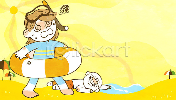 남자 두명 여자 PSD 일러스트 규칙 더위 바다 바캉스 안전 안전수칙 여름(계절) 여름휴가 일사병 전신 태양 튜브 해변
