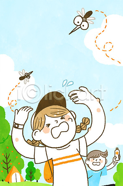 남자 두명 어린이 여자 PSD 일러스트 규칙 나무 모기 바캉스 벌레 상반신 숲 안전 안전수칙 약 여름(계절) 여름휴가 캠핑