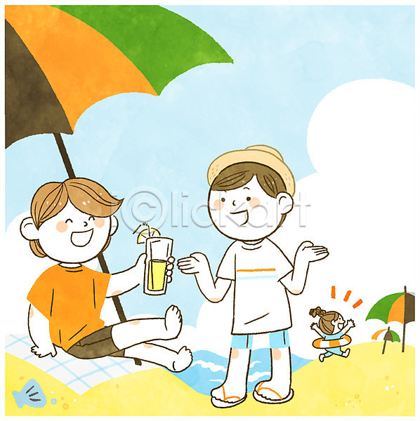 남자 성인 세명 어린이 여자 PSD 일러스트 규칙 돗자리 바다 바캉스 방치 안전 안전수칙 여름(계절) 여름휴가 음료 전신 파라솔 해변