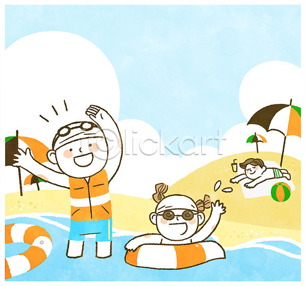남자 세명 어린이 여자 PSD 일러스트 구명조끼 규칙 바다 바캉스 비치볼 상반신 안전 안전수칙 여름(계절) 여름휴가 튜브 파라솔 해변