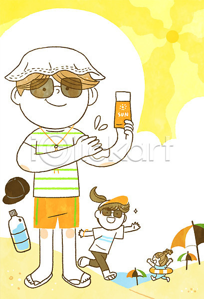 남자 성인 세명 어린이 여자 PSD 일러스트 규칙 모자(잡화) 물 바다 바캉스 선글라스 선크림 안전 안전수칙 여름(계절) 여름휴가 전신 파라솔 해변
