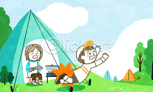 남자 두명 성인 여자 PSD 일러스트 규칙 나무 넘어짐 바캉스 안전 안전수칙 여름(계절) 여름휴가 전신 캠핑 텐트