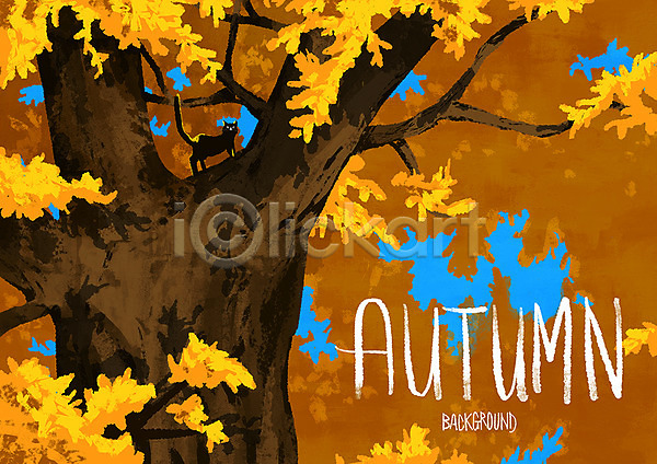 사람없음 PSD 일러스트 가을(계절) 가을배경 가을풍경 고양이 나무 단풍 백그라운드 한마리