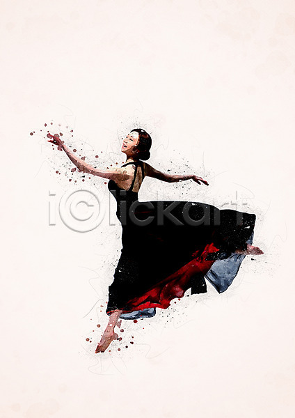 성인 여자 한명 PSD 일러스트 드레스 번짐 수채화(물감) 전신 점프 춤